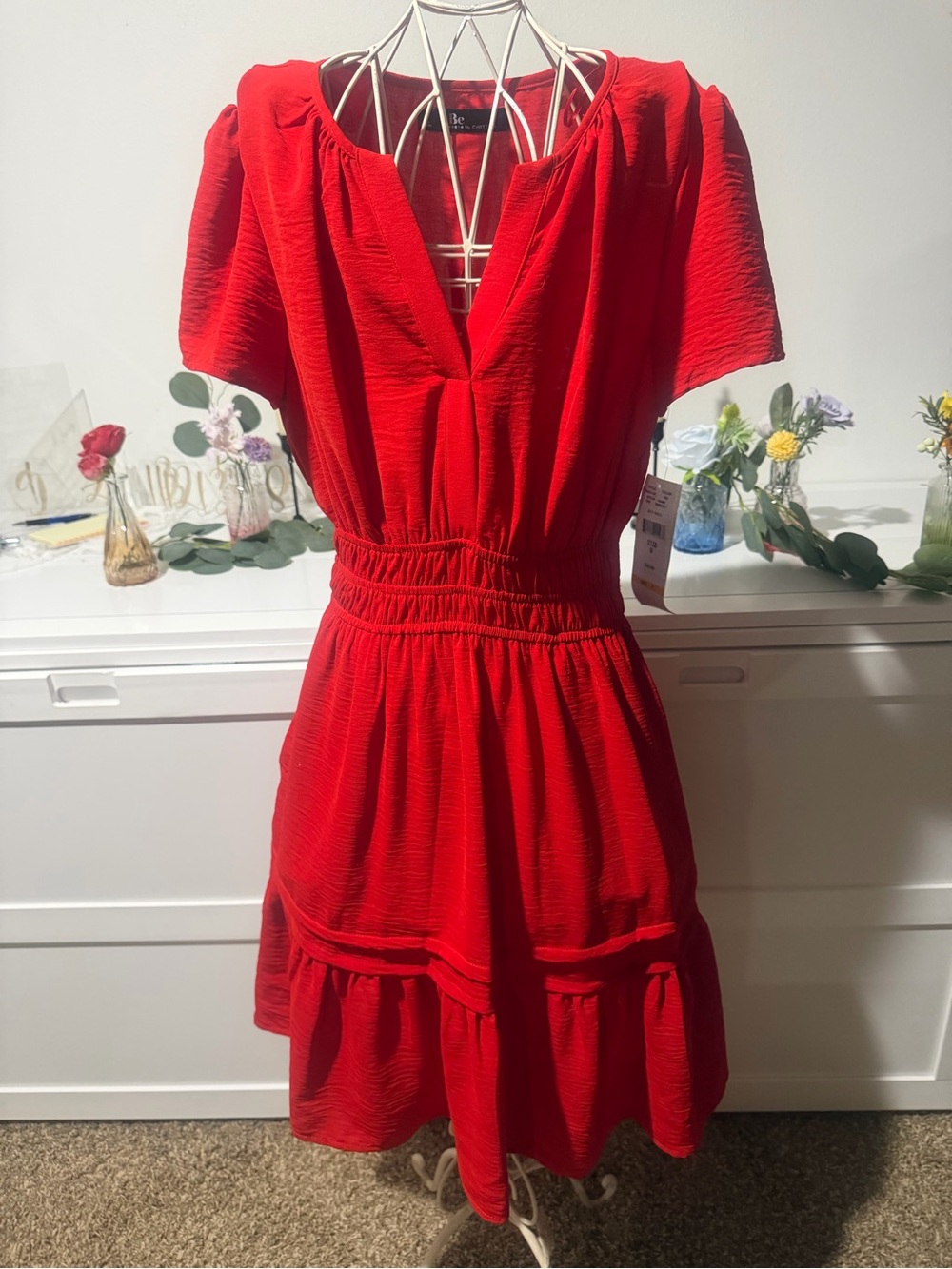 Chetta B Vibrant Red V-Neck Tiered Mini Dress